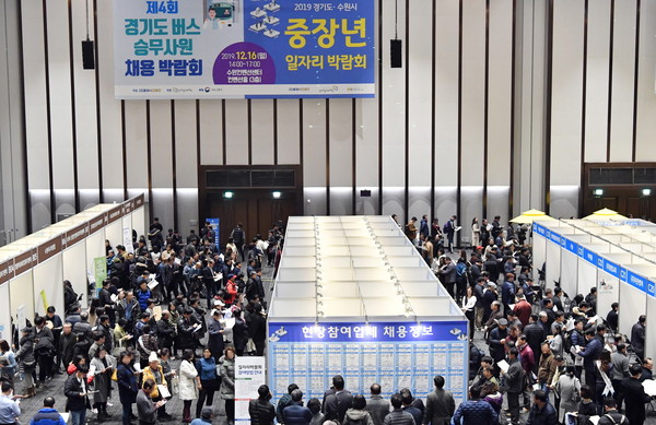 사진) 2019년 12월 수원컨벤션센터에서 개최된 중장년 일자리 박람회에 많은 시민들이 참가하고 있다.ⓒ경기타임스