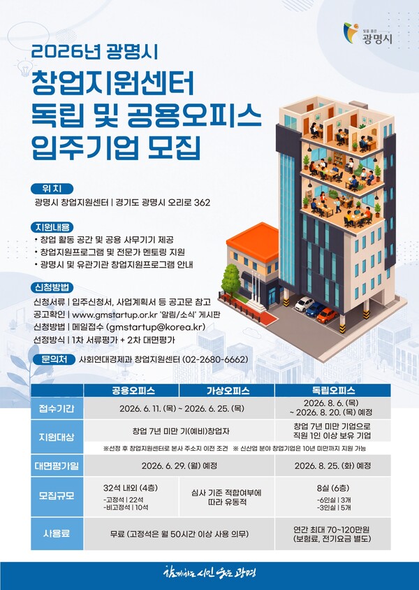 2026년 광명시 창업지원센터 독립 및 공용오피스 입주기업 모집ⓒ경기타임스