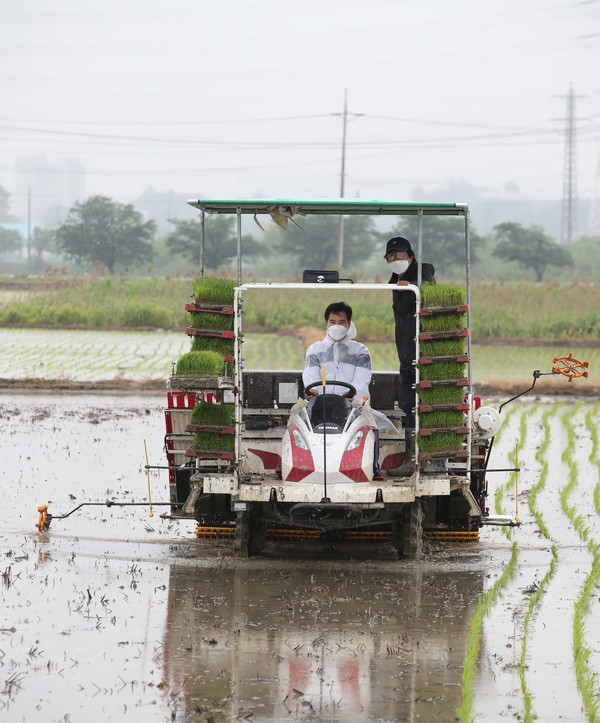 21일 사철모 화성시장이 장안면 독정리 쌀 재배단지에서 모내기 시연 행사를 하고 있다. ⓒ경기타임스