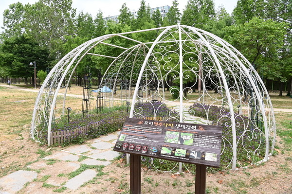 사진) 쥐방울덩굴의 지주 역할 및 애벌레와 나비를 보호할 수 있도록 서호공원에 설치된 꼬리명주나비 생태정원.ⓒ경기타임스