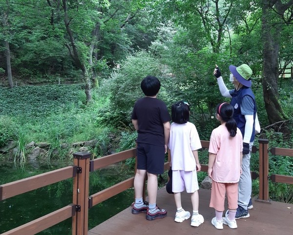 사진)용인자연휴양림 숲해설프로그램 참가자들이 야생화단지 산책로에서 설명을 듣고 있다. ⓒ경기타임스