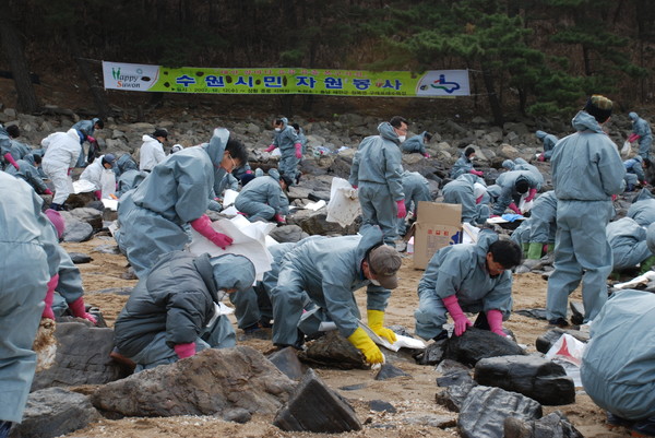 사진) 지난 2007년 태안 기름 유출 사고 현장에서 수원시 자원봉사자들이 기름을 닦아내고 있다.ⓒ경기타임스